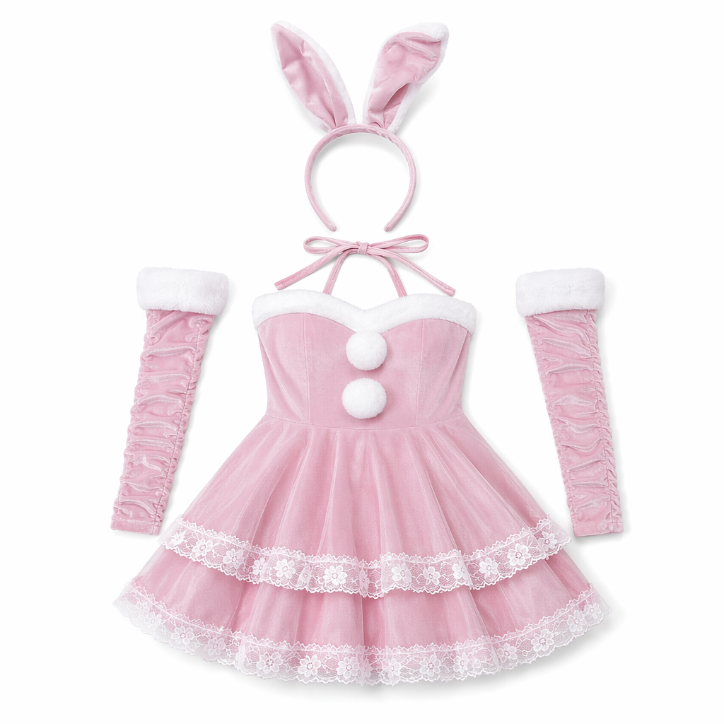 Santa Bunny Dress Set with Matching Headband and Gloves Pink