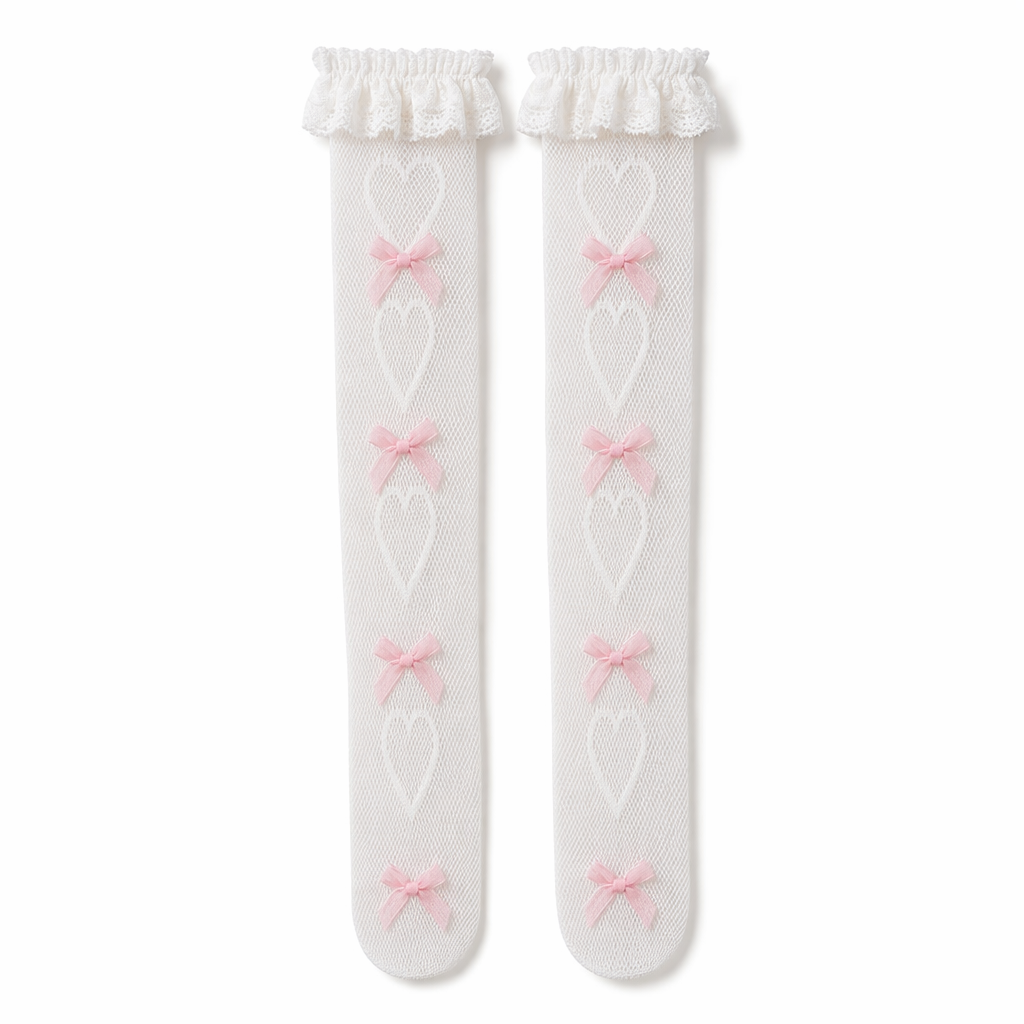 Kawaii Lace Heart and Ribbon Stockings for a Cute Style Upgrade White Heart Pink Ribbon