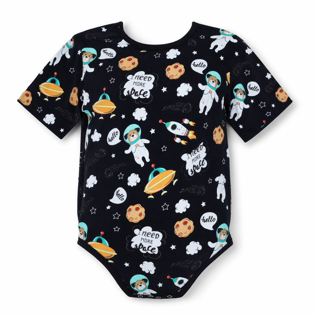 Black Outer Space Inspired Onesie with Size Chart for Kids Dogs In Space