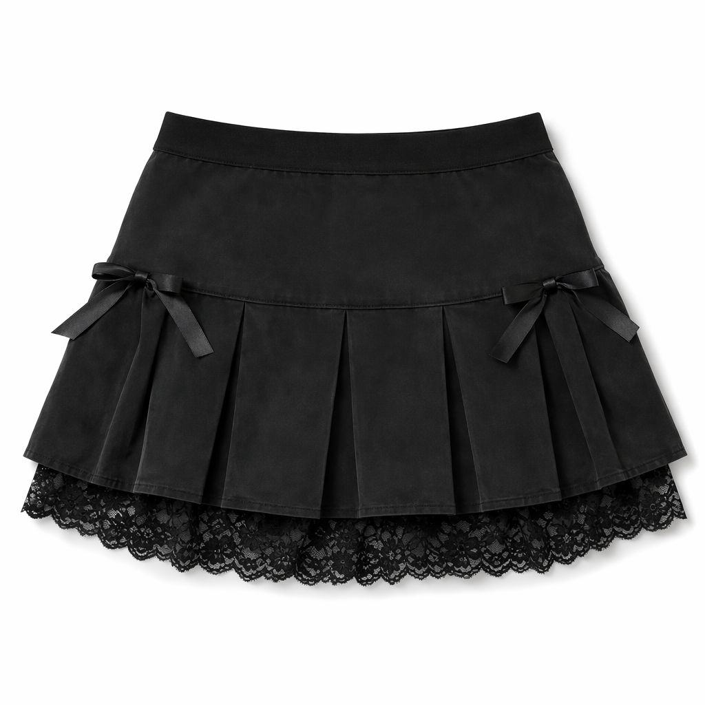 Gorgeous Black Velvety Suede Pleated Skirt with Lace Details L