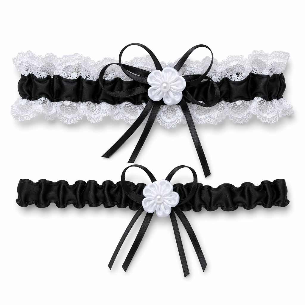Ruffled Vegan Garter Belt Set with Chiffon and Lace Details Black