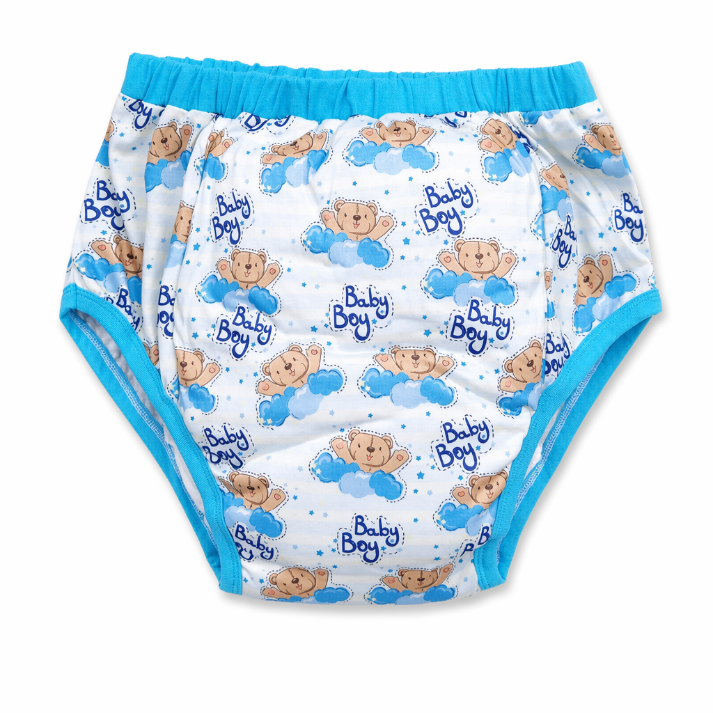 Adult Baby Training Pants with Blue Trim and Cute Baby Boy Design L