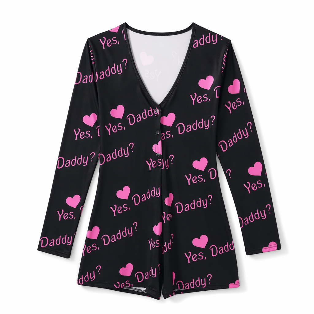 Yes Daddy Long-Sleeve Romper in Black and White Black