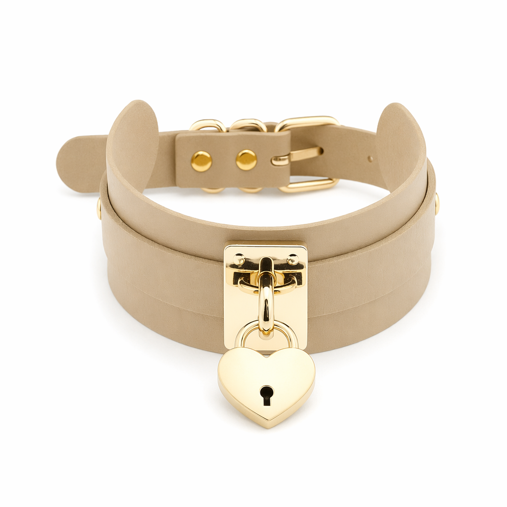 High Quality Vegan Leather Heart Locket Choker in Gold Beige