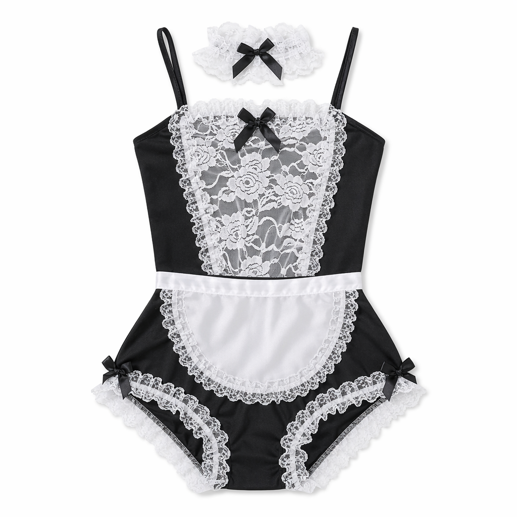 French Maid Inspired Lacy Adult Onesie with Bows and Ruffles Black