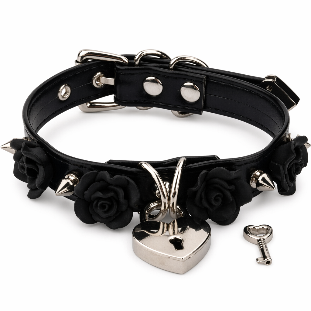 Vegan Leather Choker with Rose Petals and Metal Spikes Black