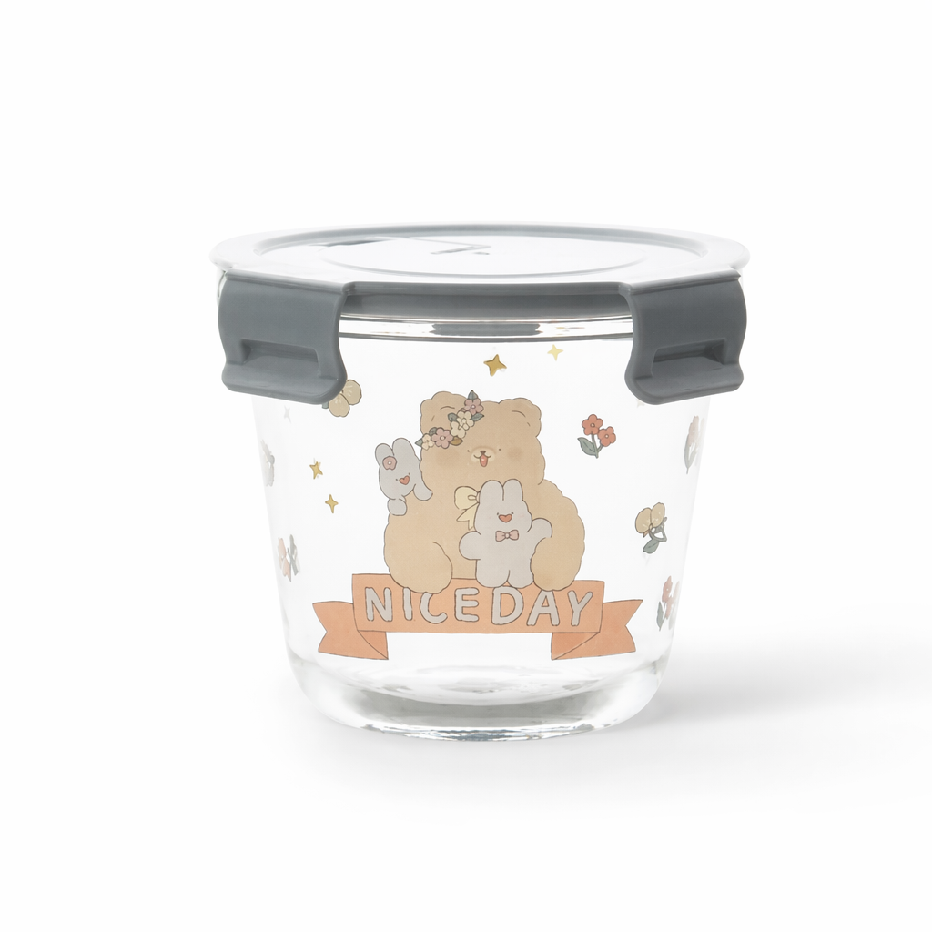 Kawaii Bunny Microwave Glass Bowl with Lid for Cute Mealtime Fun Nice Day Bear