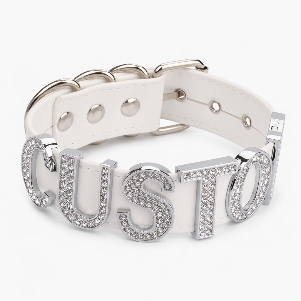 Customizable Vegan Leather Rhinestone Choker Necklace White Silver