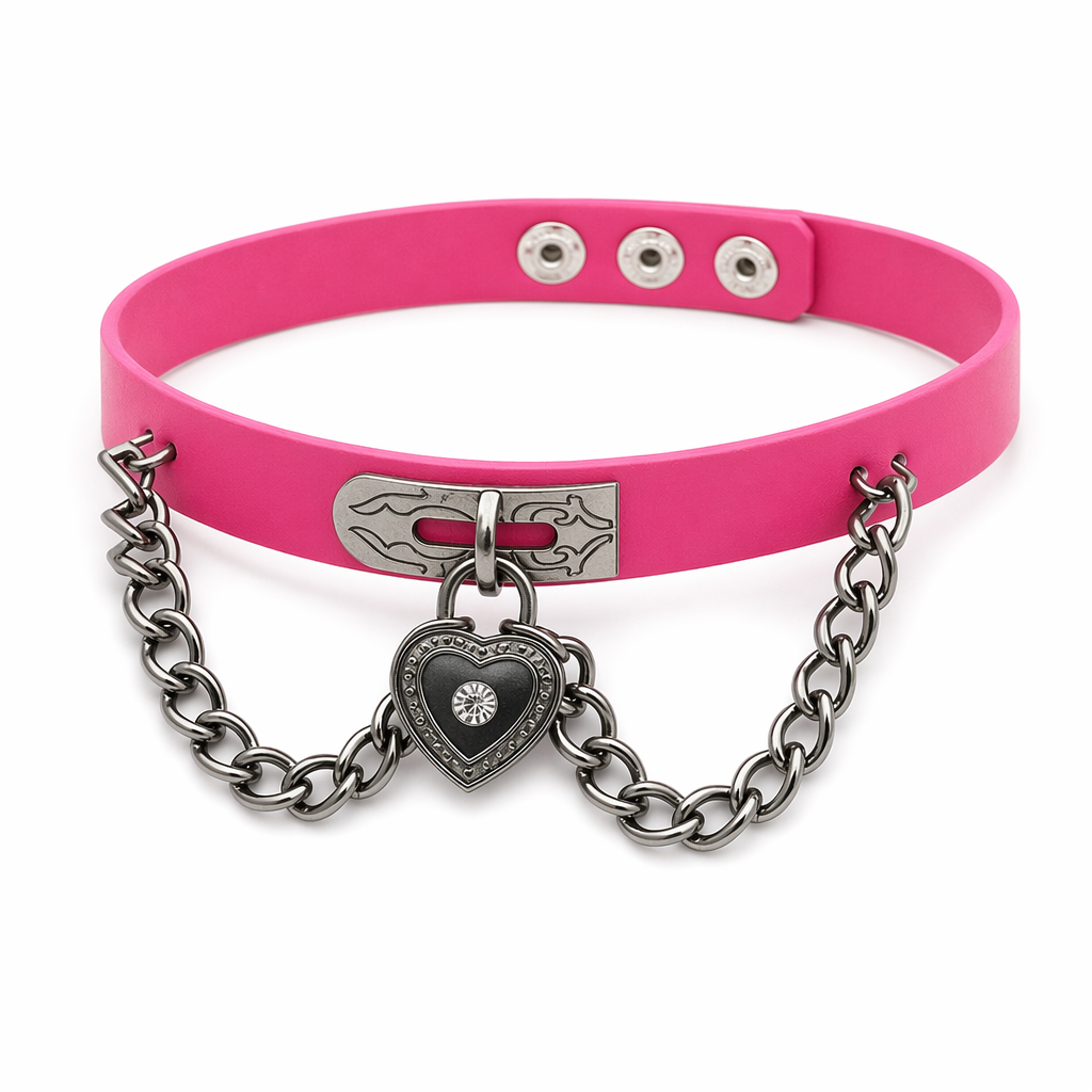 Gothic Victorian Vegan Leather Choker with Heart Locket and Chains Pink