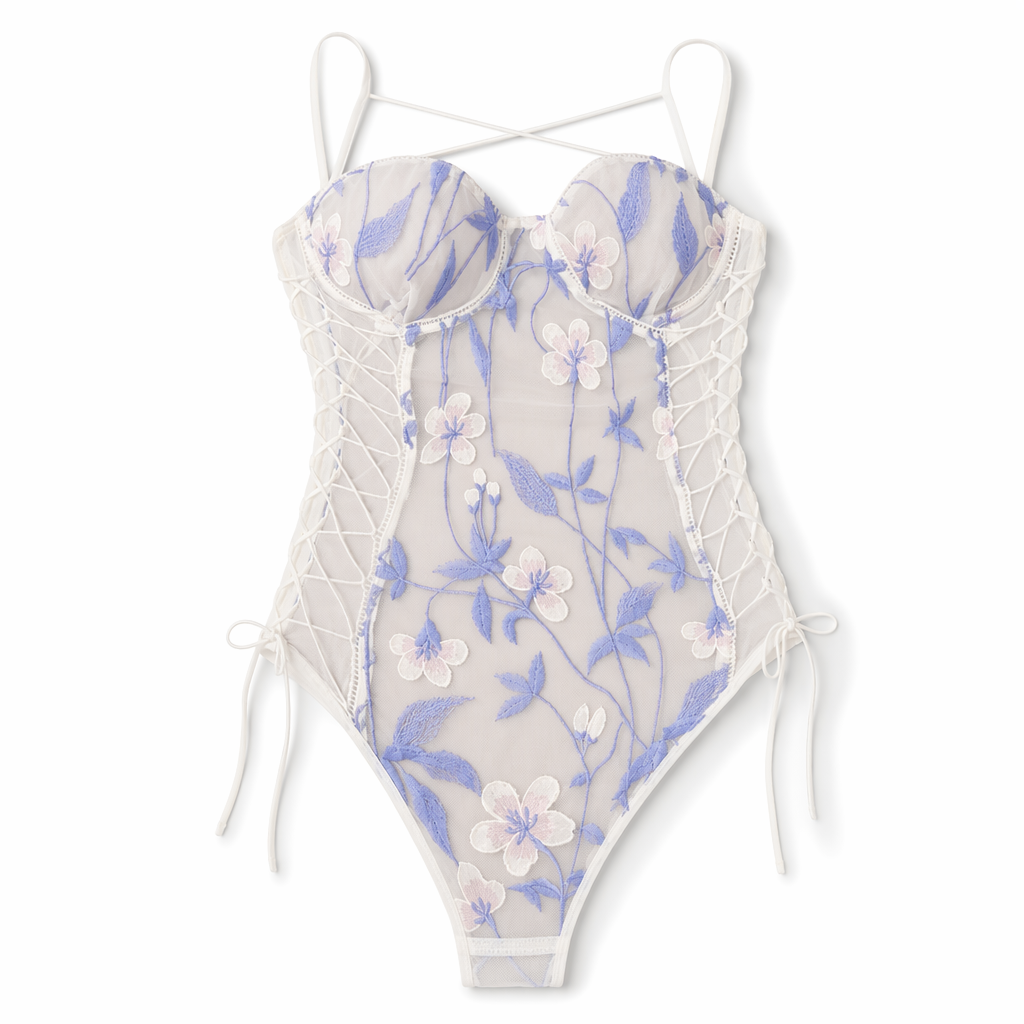 Floral Embroidered Mesh Bodysuit with Criss-Cross Harness Details XL