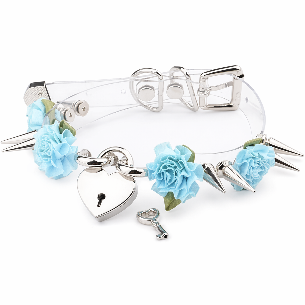 Edgy Floral Choker with Spiky Design and Heart Locket Key Blue Flower Silver