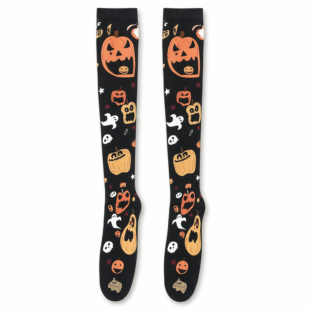 Gothic Halloween Stockings with Spooky Black and Orange Print Sickly Pumpkin