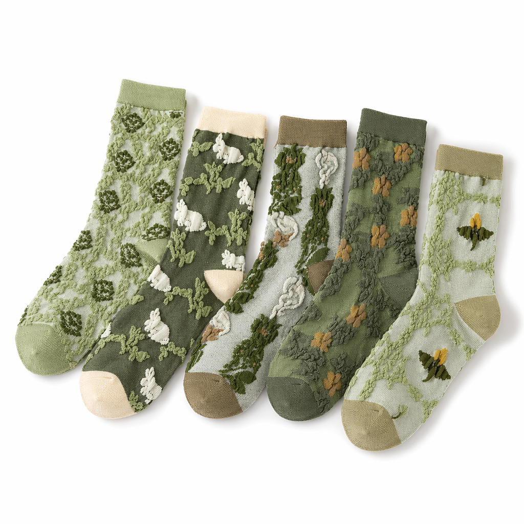 Pink Vintage Floral Socks for Kawaii and Fairycore Styles Set5-Green style