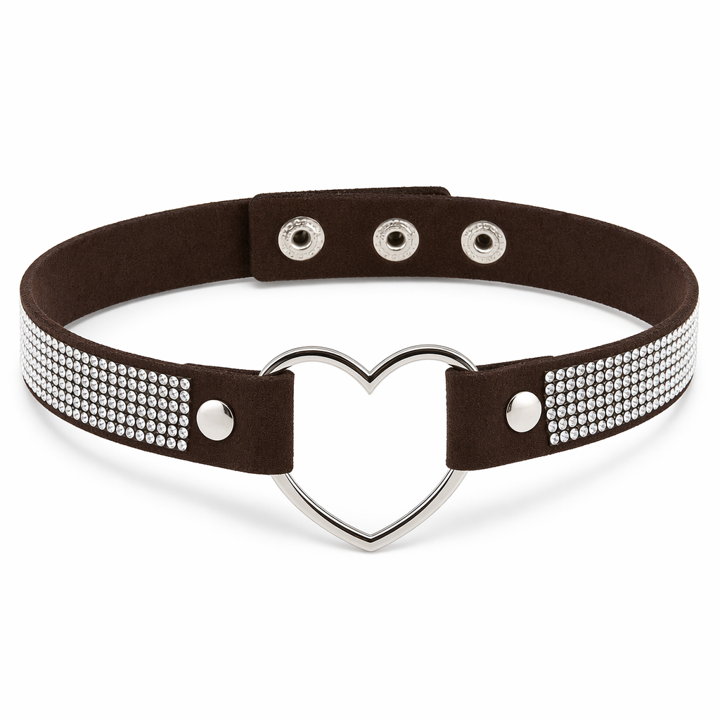 Rhinestone Heart Choker Necklace for Kawaii Aesthetic Princesses Dark Brown