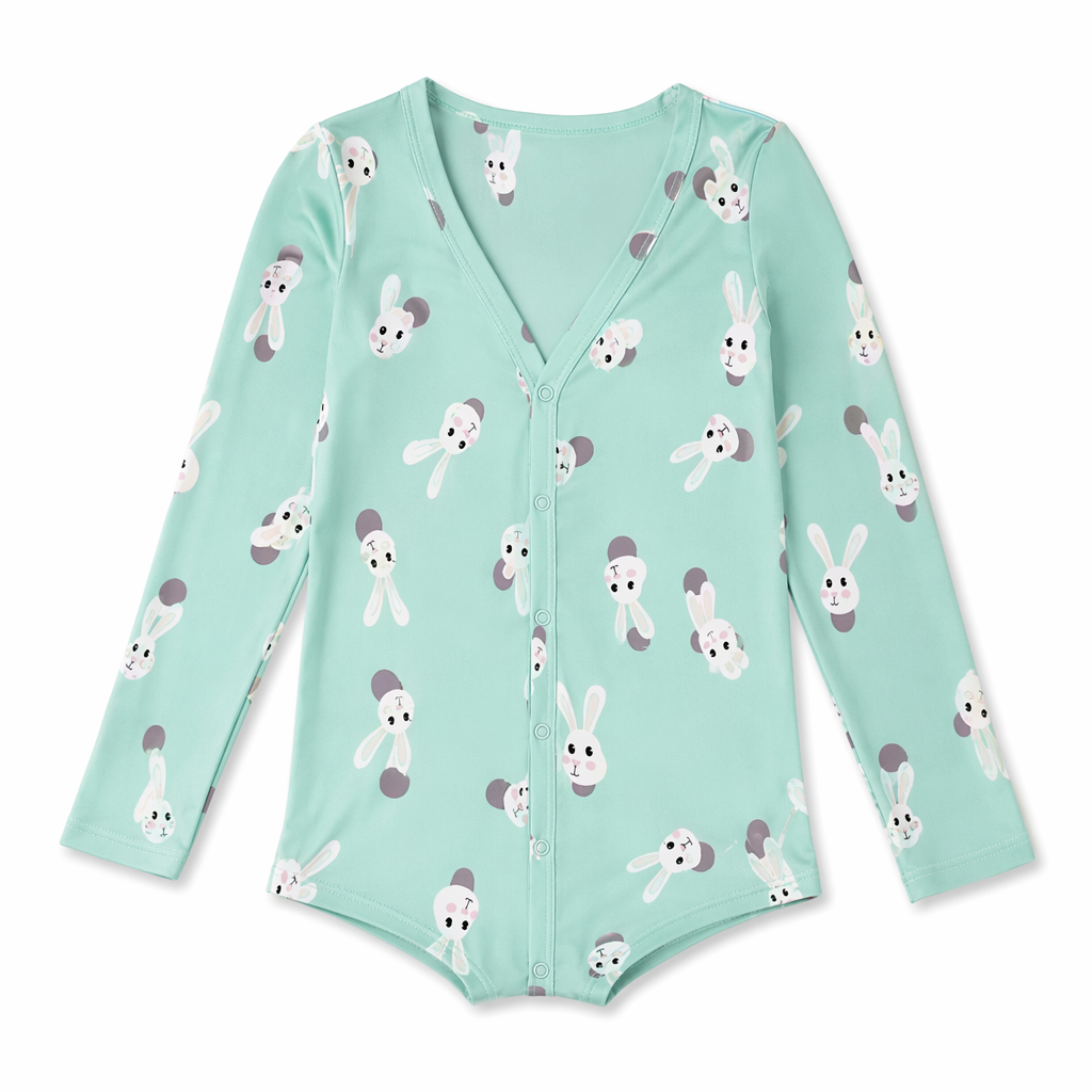 Emerald Green Bunny Rabbit Print Long-Sleeve Romper for Kids 5XL