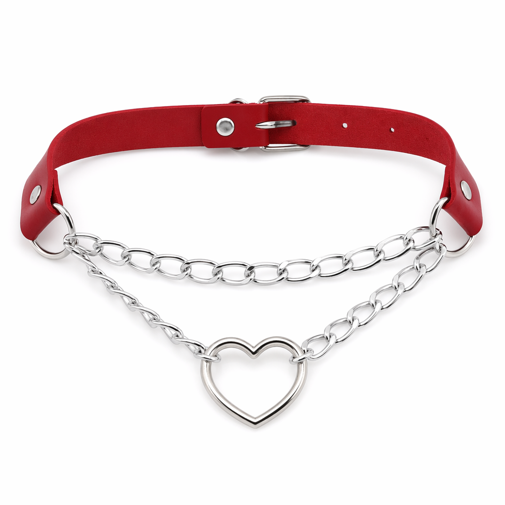 Thick Vegan Leather Chained Heart Choker Necklace Red