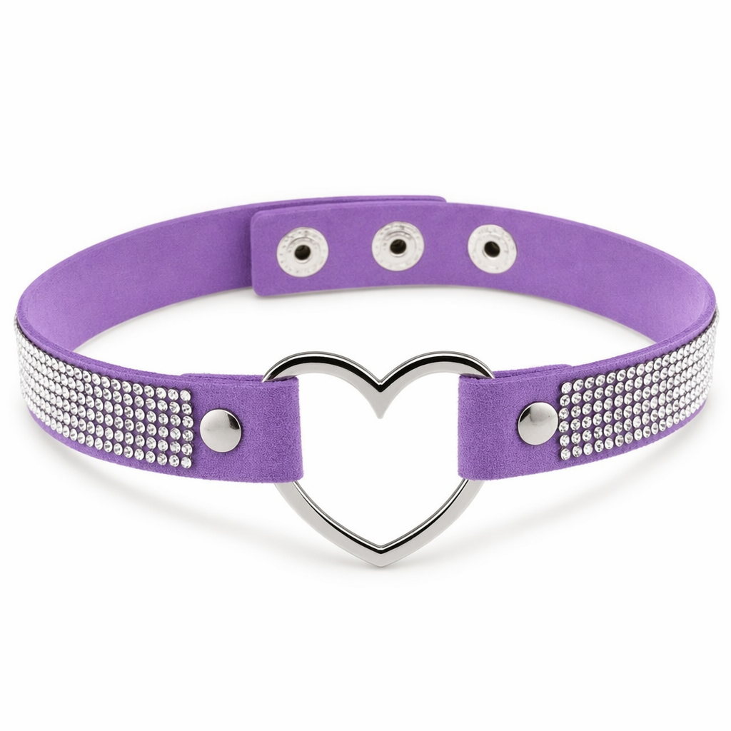 Rhinestone Heart Choker Necklace for Kawaii Aesthetic Princesses Purple