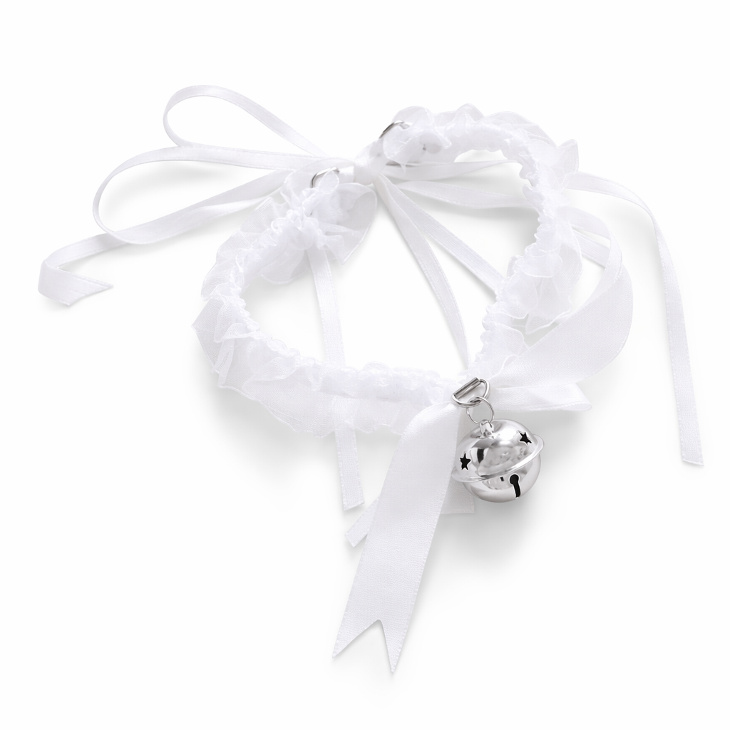 Traditional Kitten Bell Collar with Chiffon Ribbon and Jingly Bell White
