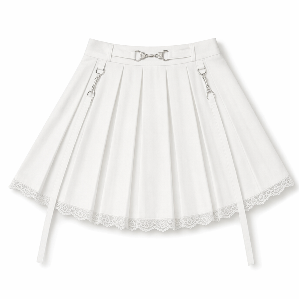Candy Colored High Quality Pleated Skirt with Lace Tulle Hem White