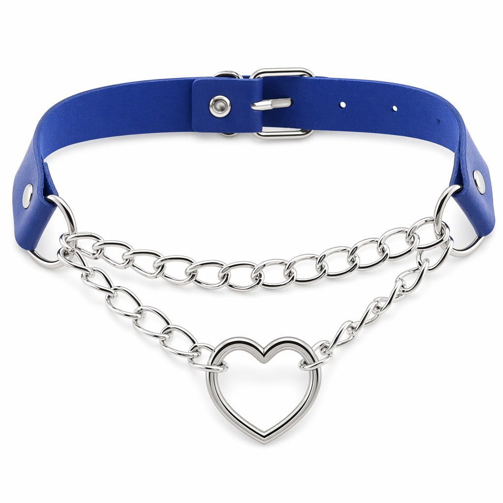 Thick Vegan Leather Chained Heart Choker Necklace Blue