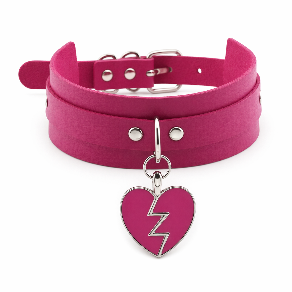 Heart Breaker Vegan Leather Choker for Kinky Princesses Magenta Collar