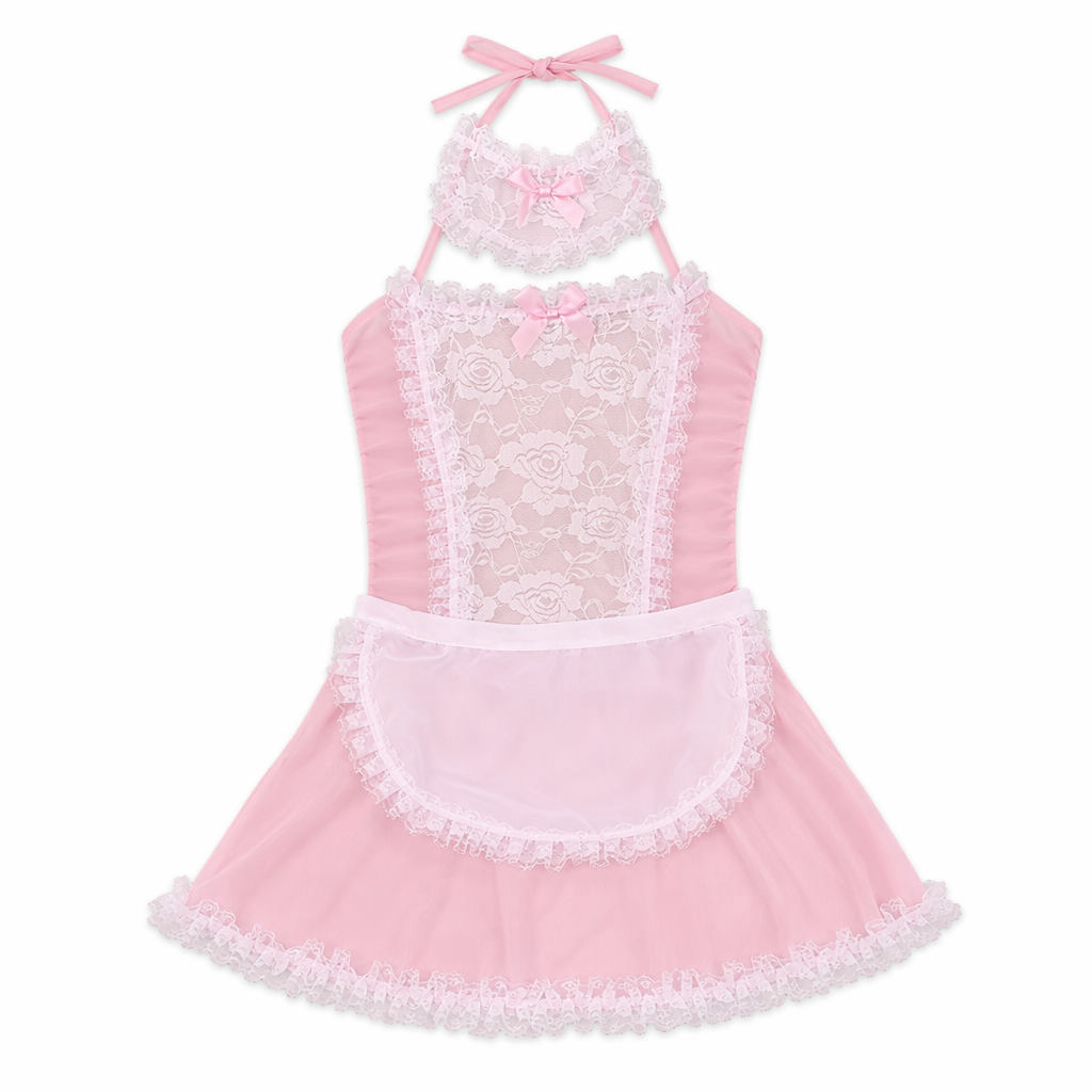 French Maid Inspired Lacy Adult Onesie with Bows and Ruffles Pink