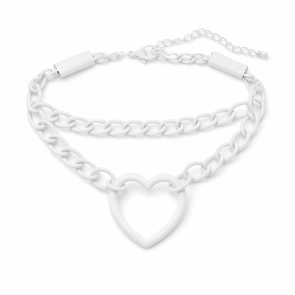 Chained Heart Choker Necklace in Thick Vegan Leather White