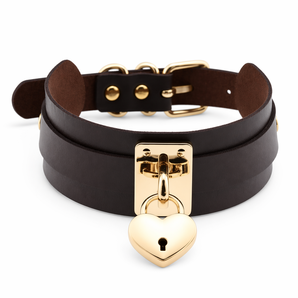 High Quality Vegan Leather Heart Locket Choker in Gold Dark Brown