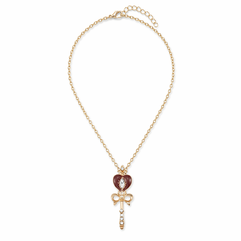 Gold Plated Magical Girl Inspired Necklace with Rhinestone Embellishments Heart Wand