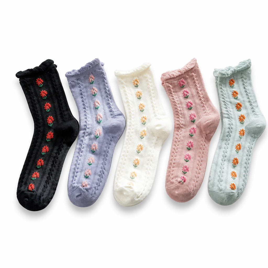 Pink Vintage Floral Socks for Kawaii and Fairycore Styles Set7-Lovely flowers