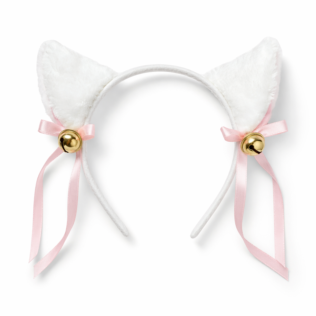 Fuzzy Kitty Cat Ear Headband with Bells and Ribbon White