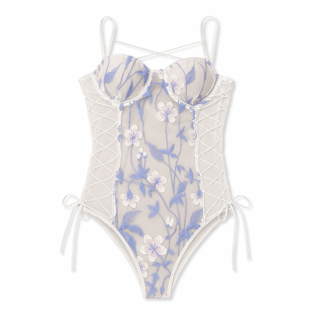 Floral Embroidered Mesh Bodysuit with Criss-Cross Harness Details M