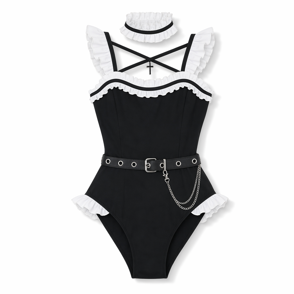 Gothic Priestess Inspired Belted Bodysuit for Dark Occult Aesthetic XL
