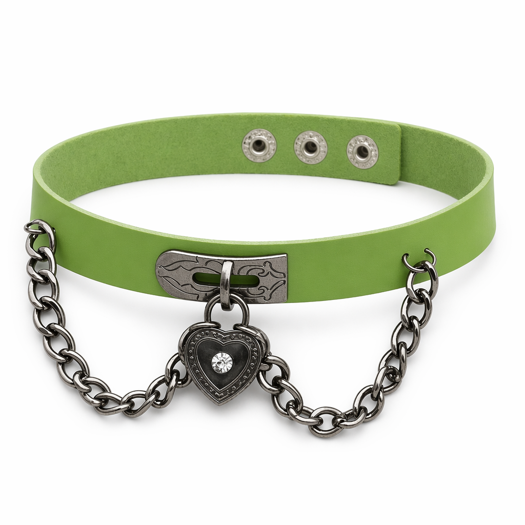 Gothic Victorian Vegan Leather Choker with Heart Locket and Chains Green