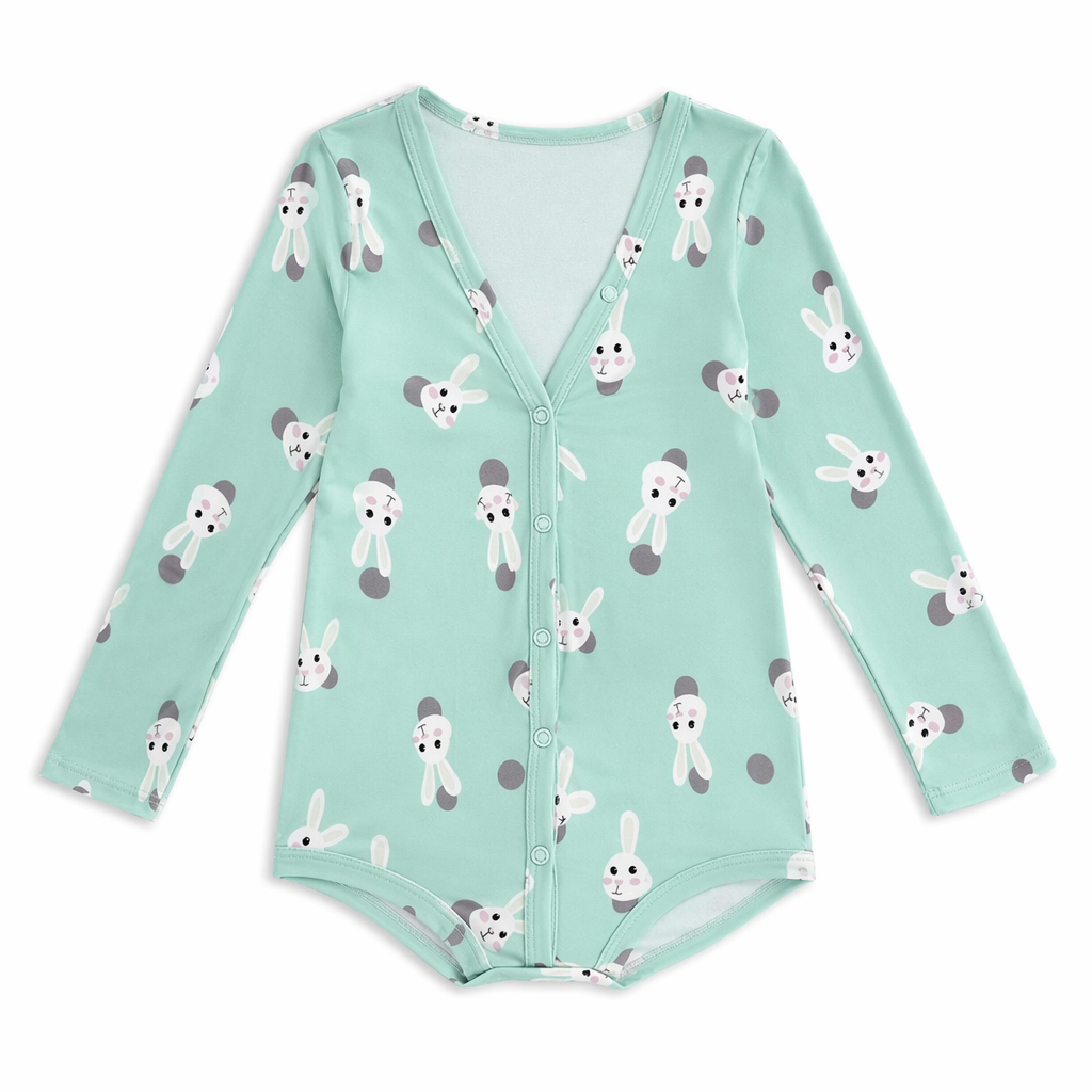 Emerald Green Bunny Rabbit Print Long-Sleeve Romper for Kids XL