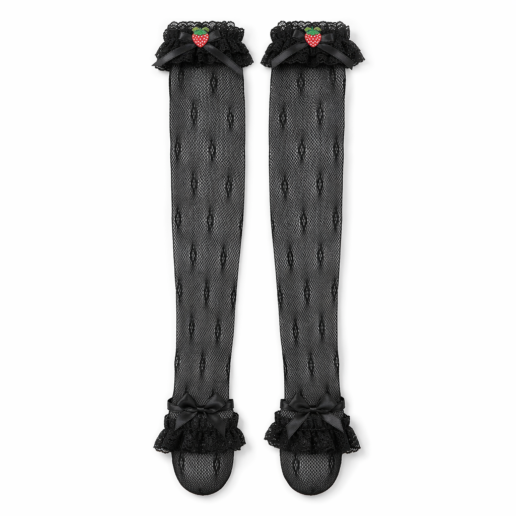 Lace Knee-High Stockings with Ruffles and Strawberry Silk Ribbon Black