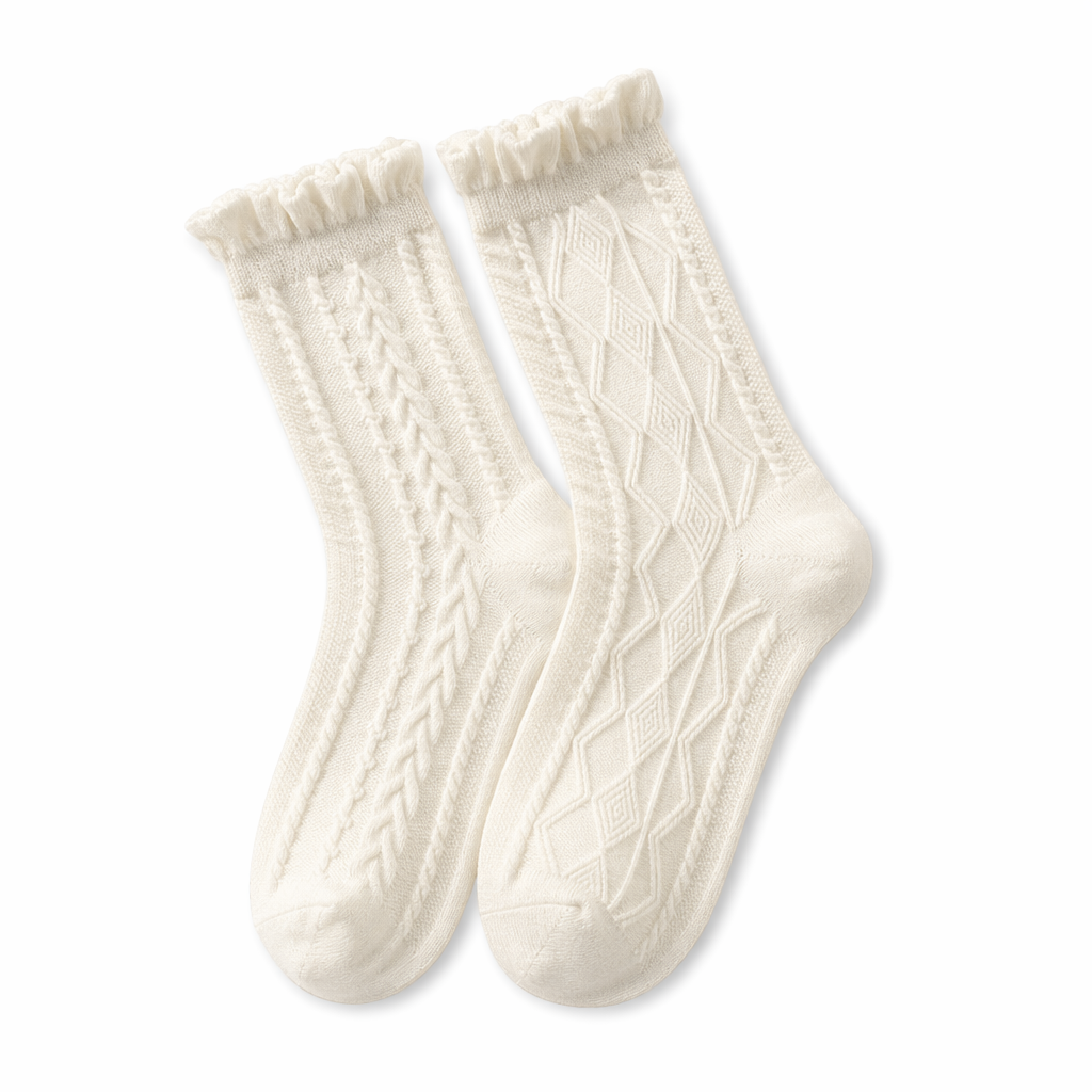 Textured Angelic Socks with Knit Detailing and Rosebud Embellishments No1