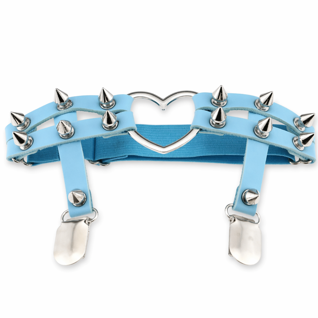 Spiky Garter Belt with Punk Rock Style and Metal Heart Blue