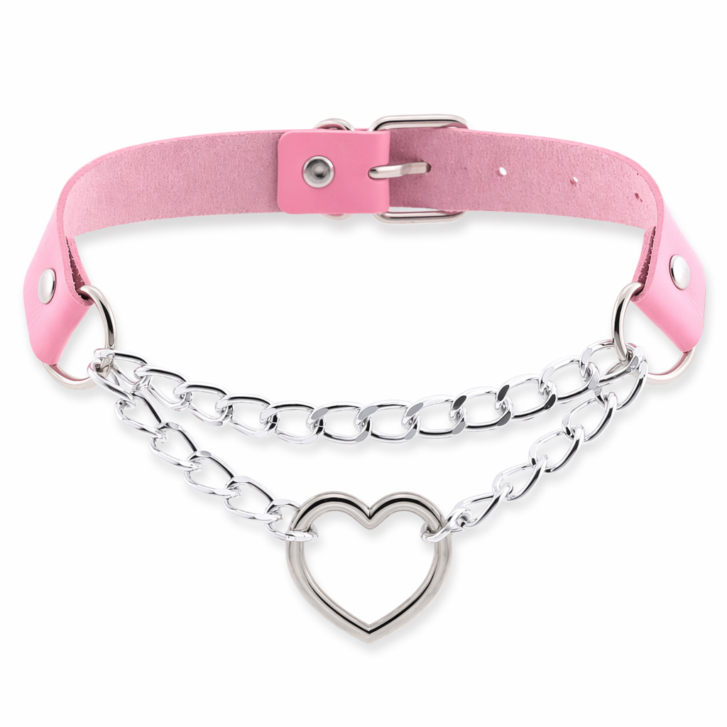 Thick Vegan Leather Chained Heart Choker Necklace Pink