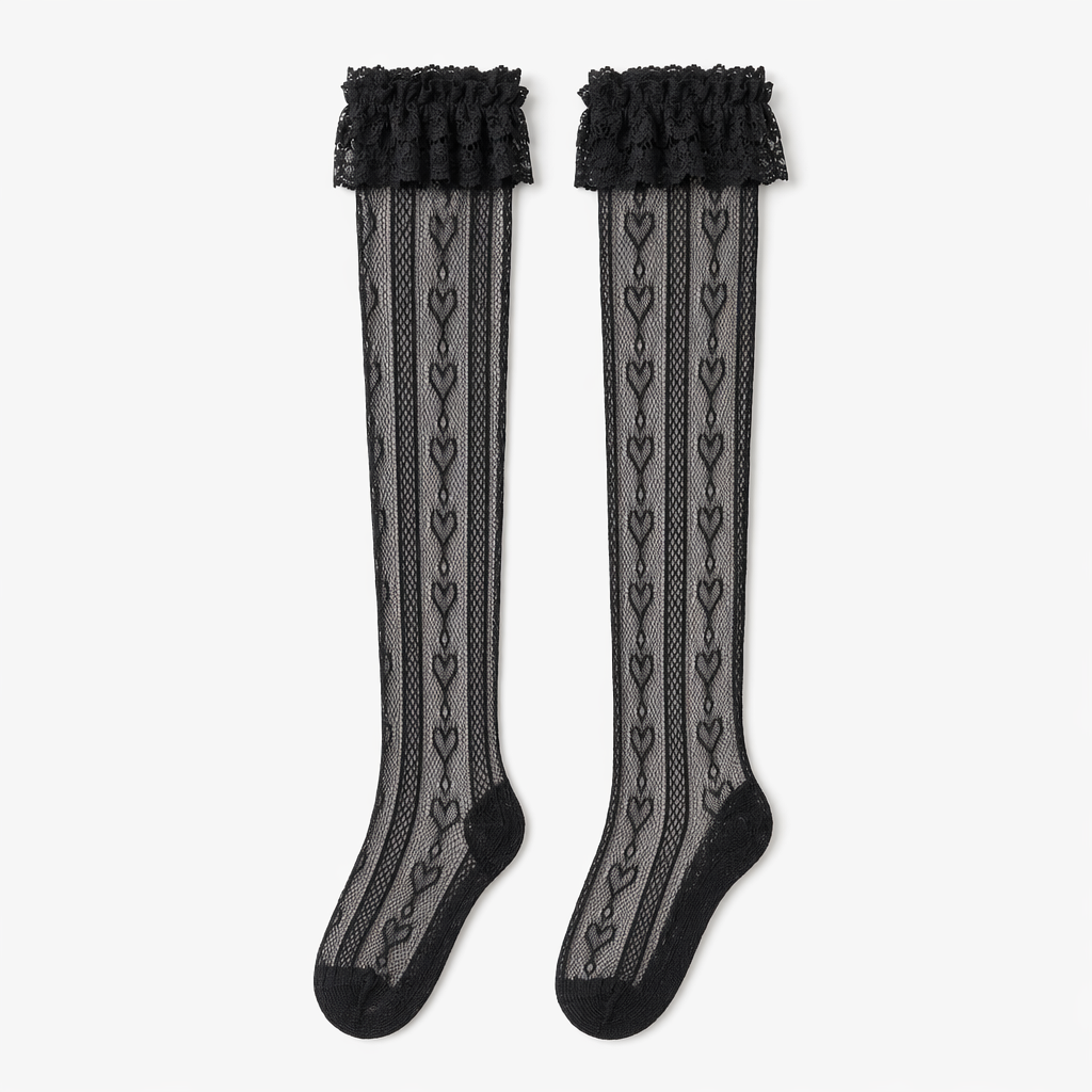 Kawaii Lace Heart and Ribbon Stockings for a Cute Style Upgrade Black Heart Lace