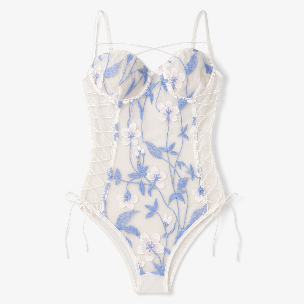 Floral Embroidered Mesh Bodysuit with Criss-Cross Harness Details L
