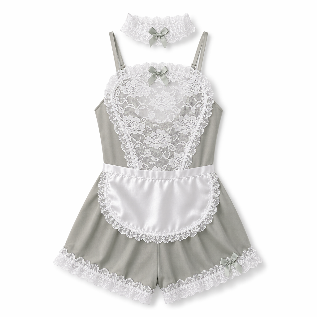 French Maid Inspired Lacy Adult Onesie with Bows and Ruffles Grey