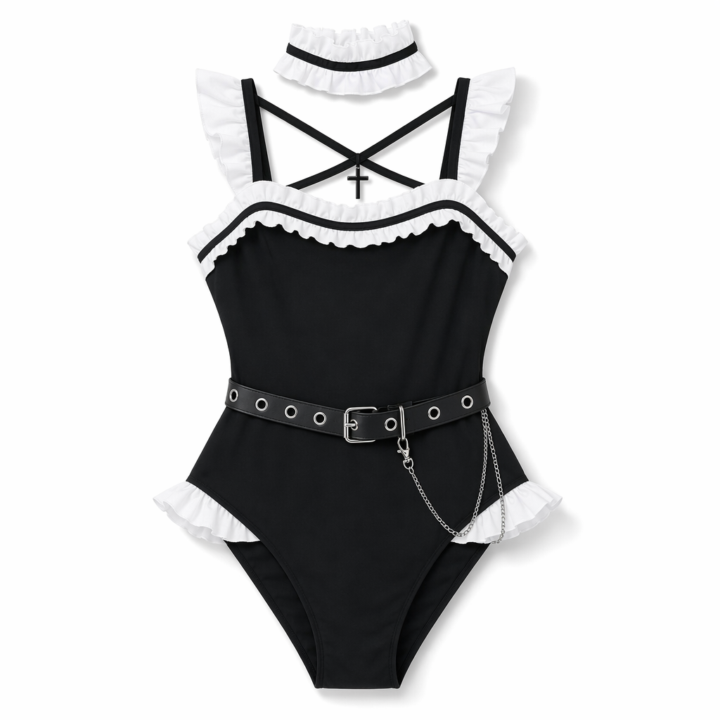 Gothic Priestess Inspired Belted Bodysuit for Dark Occult Aesthetic M