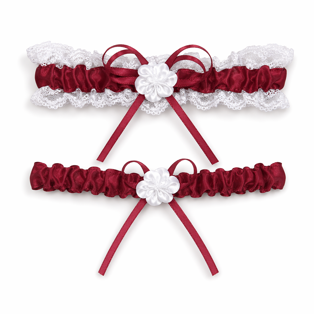 Ruffled Vegan Garter Belt Set with Chiffon and Lace Details Burgundy
