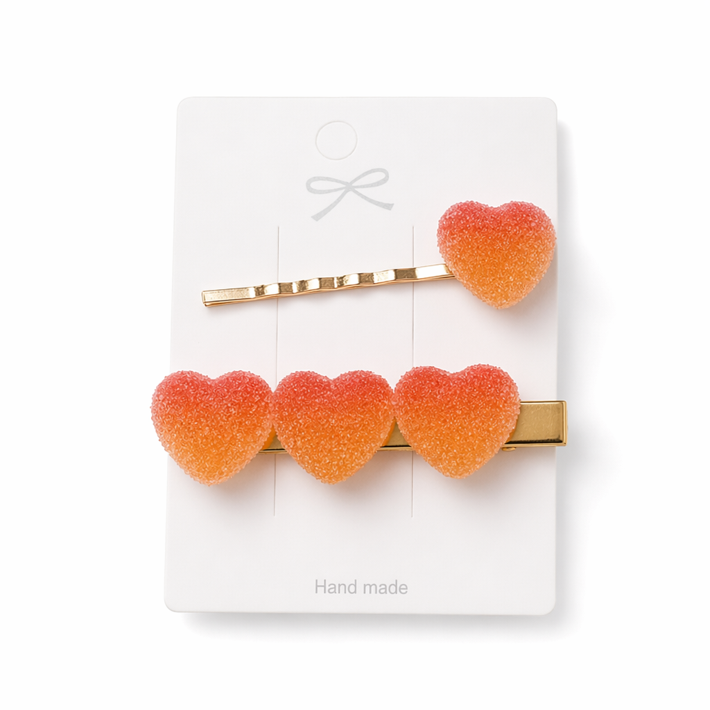 Handcrafted 3D Heart Shaped Sugar Candy Hair Clips Orange