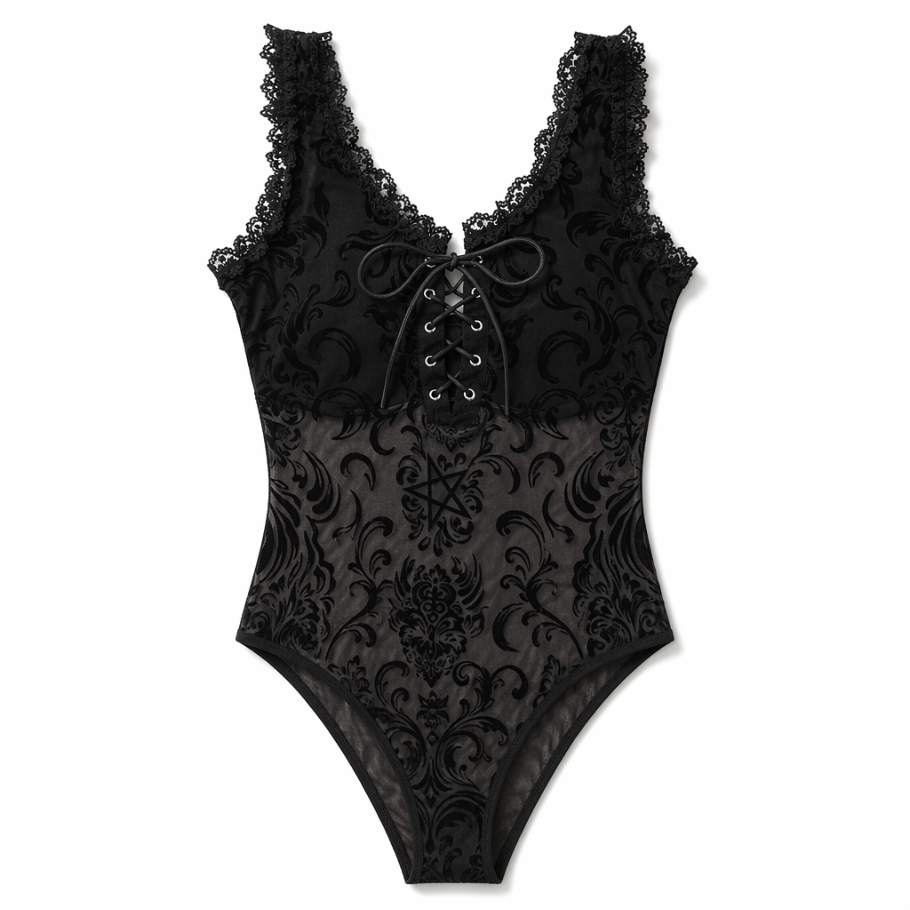 Luxurious Jet Black Goth Bodysuit with Victorian Sheer Detail L