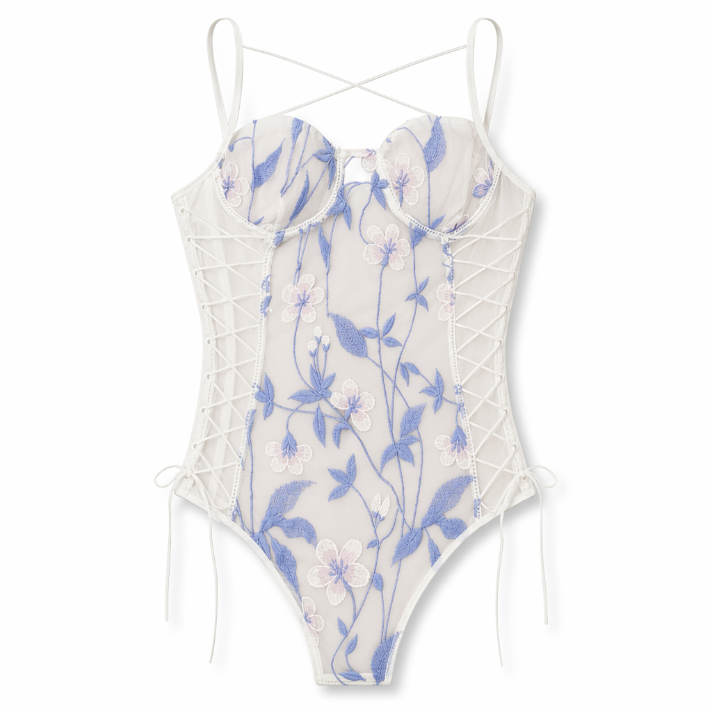 Floral Embroidered Mesh Bodysuit with Criss-Cross Harness Details XXL