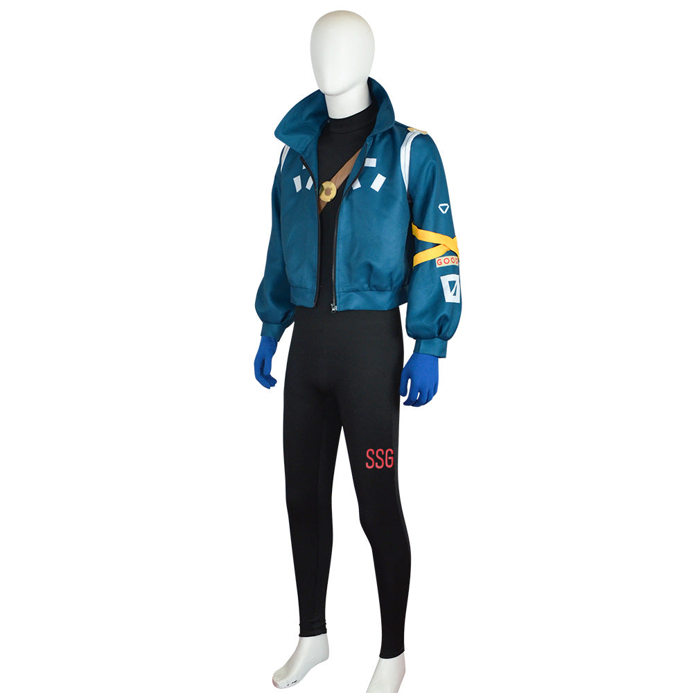 Mannequin wearing a teal jacket with logos and black pants with 'SSG' on a white background