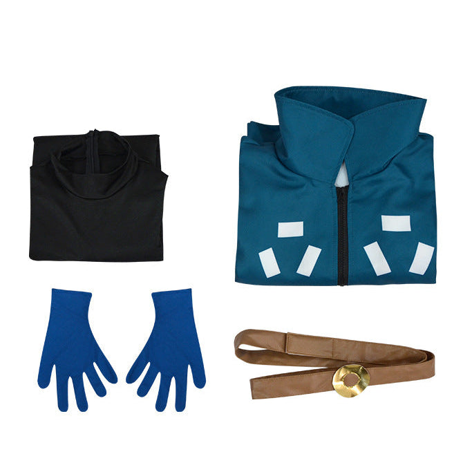 Cosplay costume set with jacket, pants, gloves, and belt on a mannequin, with additional items displayed below.