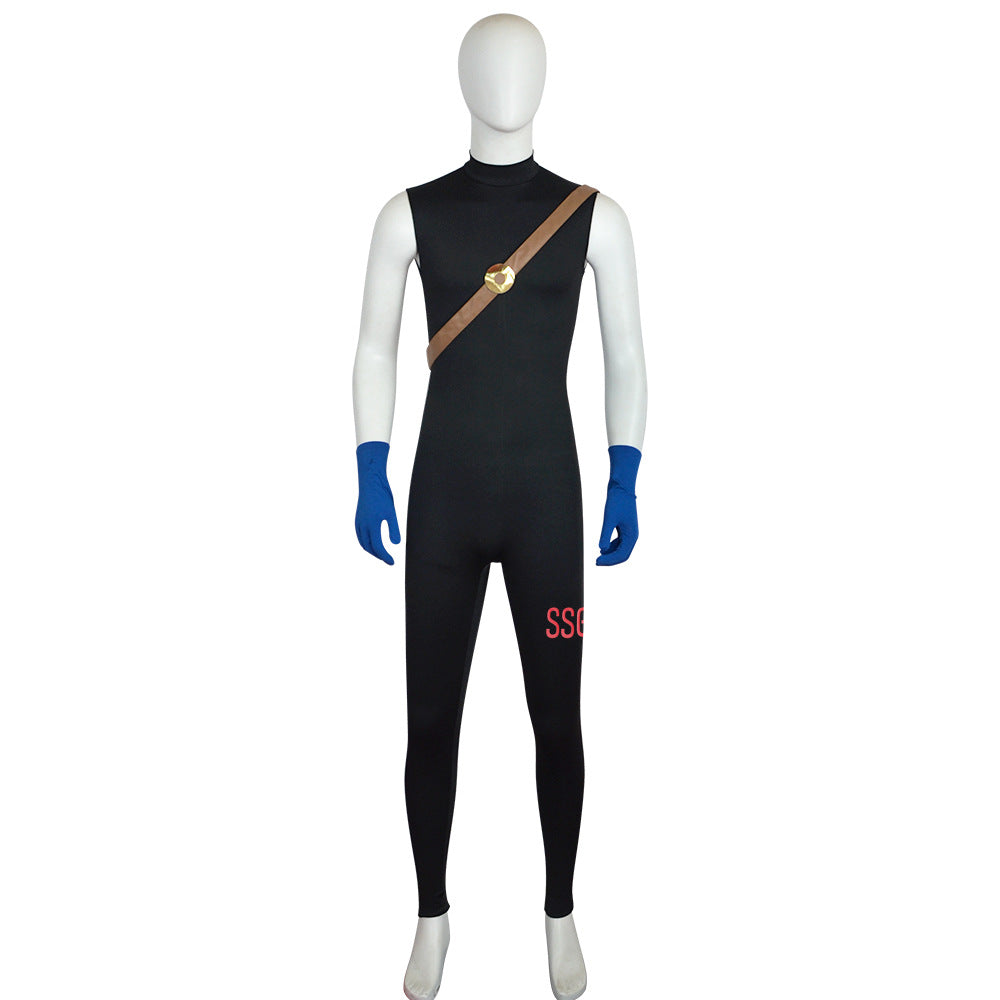 Black jumpsuit with red text on a mannequin against a white background